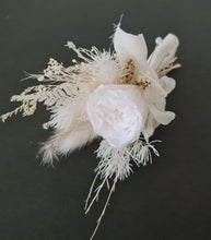 Load image into Gallery viewer, Groom&#39;s Boho mini preserved peony buttonhole - nude &amp; white - wedding
