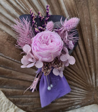 Load image into Gallery viewer, Groom&#39;s mini preserved peony buttonhole - violet, pink, purple - wedding
