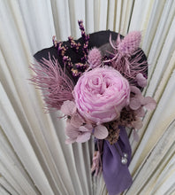 Load image into Gallery viewer, Groom&#39;s mini preserved peony buttonhole - violet, pink, purple - wedding
