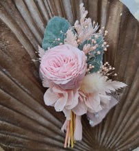 Load image into Gallery viewer, Groom&#39;s mini preserved peony buttonhole - pink &amp; green - wedding
