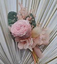 Load image into Gallery viewer, Groom&#39;s mini preserved peony buttonhole - pink &amp; green - wedding
