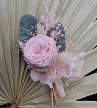 Load image into Gallery viewer, Groom&#39;s mini preserved peony buttonhole - pink &amp; green - wedding
