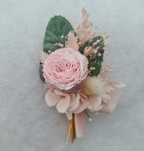 Load image into Gallery viewer, Groom&#39;s mini preserved peony buttonhole - pink &amp; green - wedding
