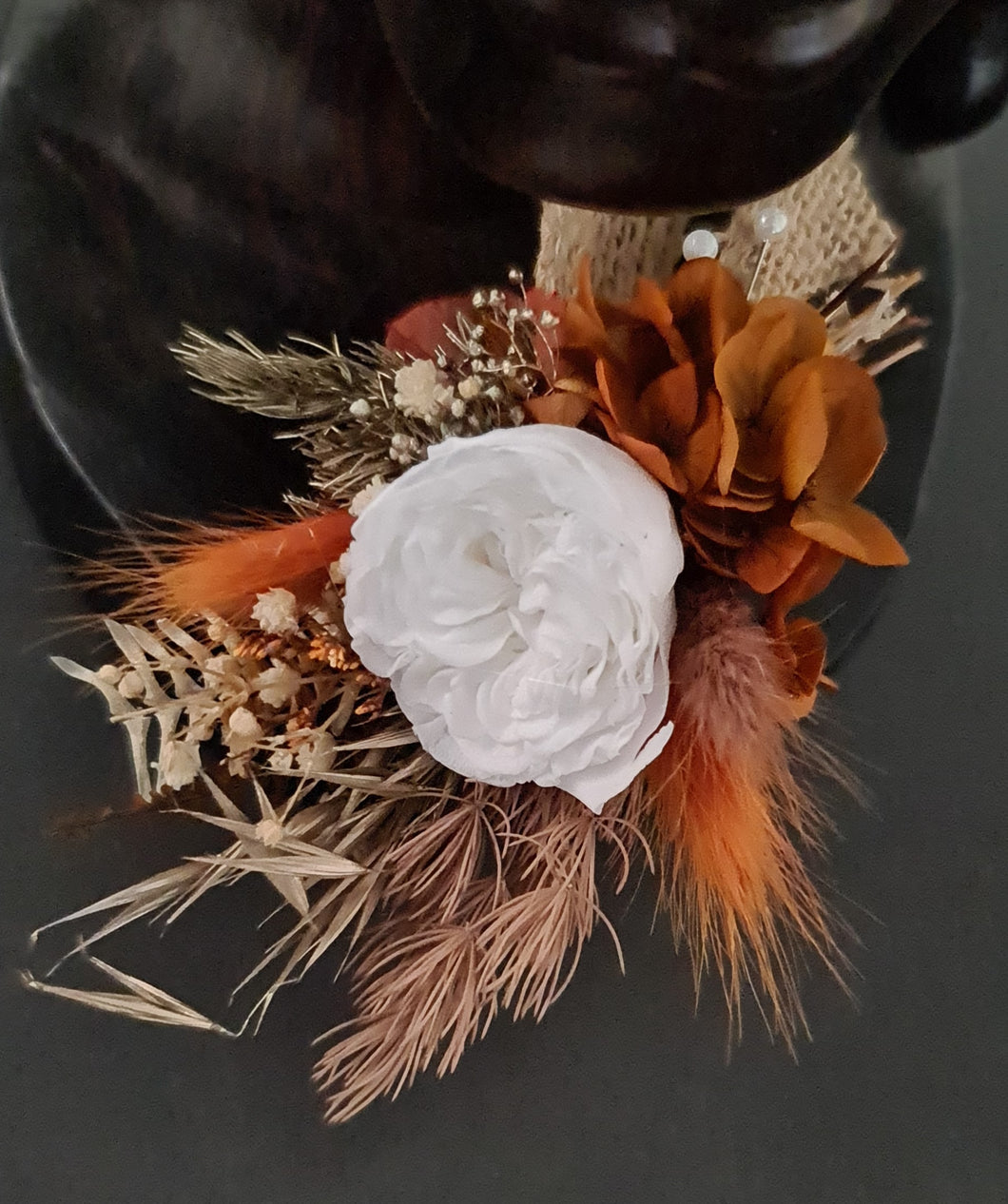 Rustic Groom's mini preserved peony buttonhole - terracotta & neutral - wedding