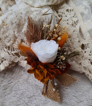 Load image into Gallery viewer, Rustic Groom&#39;s mini preserved peony buttonhole - terracotta &amp; neutral - wedding
