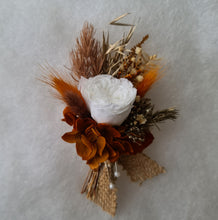 Load image into Gallery viewer, Rustic Groom&#39;s mini preserved peony buttonhole - terracotta &amp; neutral - wedding
