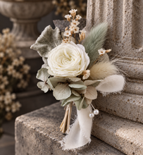 Load image into Gallery viewer, Groom's mini preserved peony buttonhole - pastel sage green - wedding
