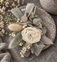 Load image into Gallery viewer, Groom's mini preserved peony buttonhole - pastel sage green - wedding

