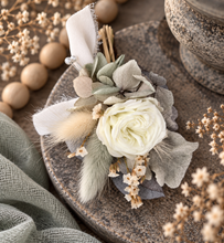 Load image into Gallery viewer, Groom's mini preserved peony buttonhole - pastel sage green - wedding
