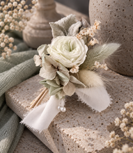 Load image into Gallery viewer, Groom's mini preserved peony buttonhole - pastel sage green - wedding
