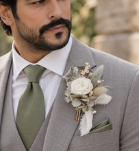 Load image into Gallery viewer, Groom's mini preserved peony buttonhole - pastel sage green - wedding

