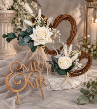 Load image into Gallery viewer, Everlasting flowers love heart cake topper 2 x incl Mr &amp; Mrs topper – green &amp; white
