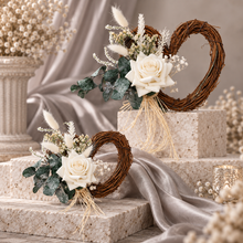 Load image into Gallery viewer, Everlasting flowers love heart cake topper 2 x incl Mr &amp; Mrs topper – green &amp; white
