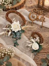 Load image into Gallery viewer, Everlasting flowers love heart cake topper 2 x incl Mr &amp; Mrs topper – green &amp; white
