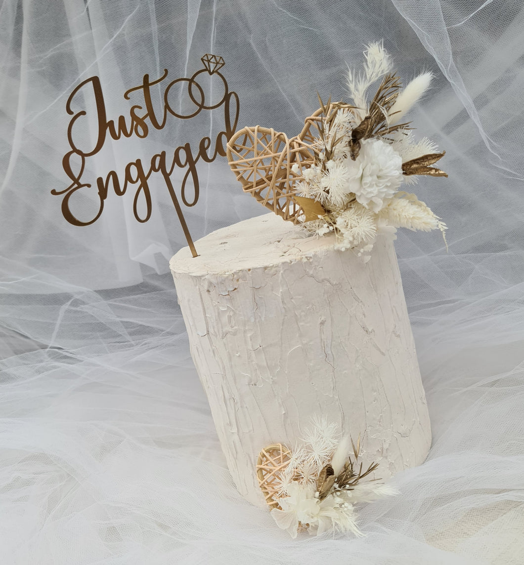 Everlasting / preserved flowers white & gold double love hearth Boho engagement cake topper