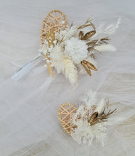 Load image into Gallery viewer, Everlasting / preserved flowers white &amp; gold double love hearth Boho engagement cake topper
