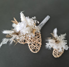 Load image into Gallery viewer, Everlasting / preserved flowers white &amp; gold double love hearth Boho engagement cake topper
