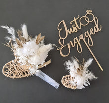 Load image into Gallery viewer, Everlasting / preserved flowers white &amp; gold double love hearth Boho engagement cake topper
