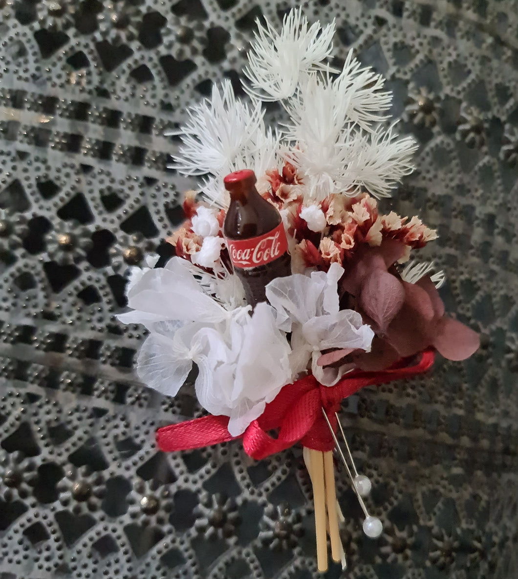 Preserved flowers fancy buttonhole with Coca Cola bottle – Groom, groomsmen, school formal – Style 2