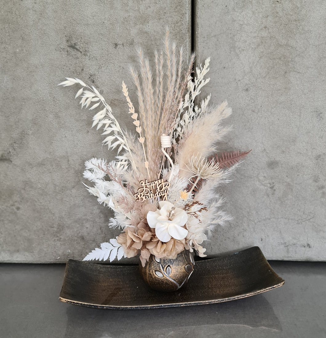 Preserved boho birthday flowers in unique pot w tray