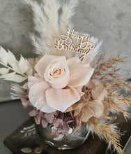 Load image into Gallery viewer, Mini preserved rose neutral boho flowers w Happy Birthday tag
