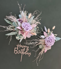 Load image into Gallery viewer, Pastel pink &amp; violet glitter double everlasting flowers cake topper – Happy Birthday
