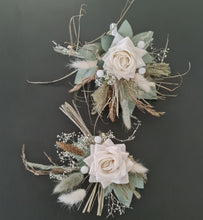 Load image into Gallery viewer, Double flower cake topper in sage, white, neutral &amp; champagne gold
