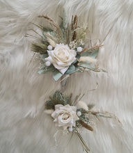 Load image into Gallery viewer, Double flower cake topper in sage, white, neutral &amp; champagne gold
