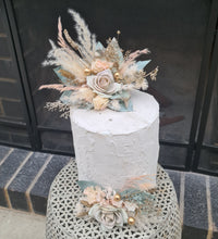 Load image into Gallery viewer, Double flower cake topper in neutral, blush and sage w champagne gold
