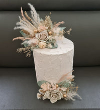 Load image into Gallery viewer, Double flower cake topper in neutral, blush and sage w champagne gold
