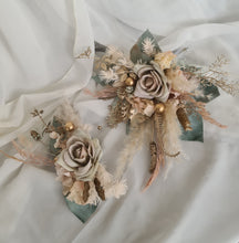 Load image into Gallery viewer, Double flower cake topper in neutral, blush and sage w champagne gold
