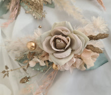 Load image into Gallery viewer, Double flower cake topper in neutral, blush and sage w champagne gold
