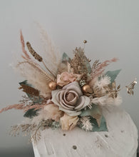 Load image into Gallery viewer, Double flower cake topper in neutral, blush and sage w champagne gold
