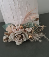 Load image into Gallery viewer, Double flower cake topper in neutral, blush and sage w champagne gold
