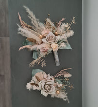 Load image into Gallery viewer, Double flower cake topper in neutral, blush and sage w champagne gold
