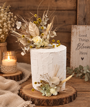 Load image into Gallery viewer, Double floral cake topper, yellow, sage &amp; champagne gold
