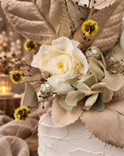 Load image into Gallery viewer, Double floral cake topper, yellow, sage &amp; champagne gold
