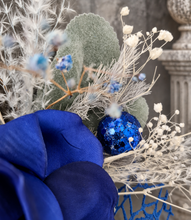 Load image into Gallery viewer, Floral cake topper in blue, green &amp; white with the glitter
