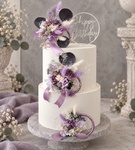 Load image into Gallery viewer, Preserved flowers - triple cake toppers / rings – violet, purple &amp; silver
