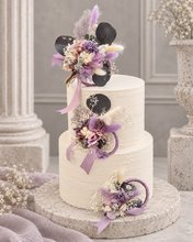 Load image into Gallery viewer, Preserved flowers - triple cake toppers / rings – violet, purple &amp; silver
