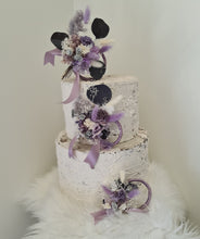 Load image into Gallery viewer, Preserved flowers - triple cake toppers / rings – violet, purple &amp; silver

