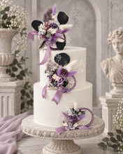 Load image into Gallery viewer, Preserved flowers - triple cake toppers / rings – violet, purple &amp; silver
