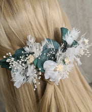 Load image into Gallery viewer, 3 x larger bobby pins with preserved flowers in green, white &amp; neutral colours
