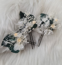 Load image into Gallery viewer, 3 x larger bobby pins with preserved flowers in green, white &amp; neutral colours

