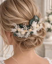 Load image into Gallery viewer, 3 x larger bobby pins with preserved flowers in green, white &amp; neutral colours
