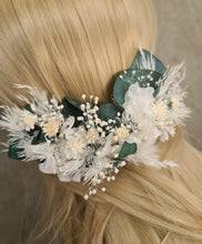 Load image into Gallery viewer, 3 x larger bobby pins with preserved flowers in green, white &amp; neutral colours
