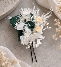 Load image into Gallery viewer, 3 x larger bobby pins with preserved flowers in green, white &amp; neutral colours
