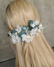 Load image into Gallery viewer, 3 x larger bobby pins with preserved flowers in green, white &amp; neutral colours

