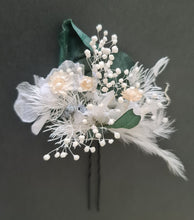 Load image into Gallery viewer, 3 x larger bobby pins with preserved flowers in green, white &amp; neutral colours
