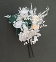 Load image into Gallery viewer, 3 x larger bobby pins with preserved flowers in green, white &amp; neutral colours
